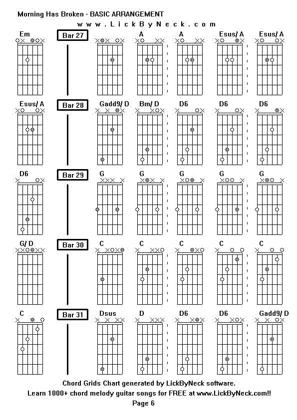 Chord Grids Chart of chord melody fingerstyle guitar song-Morning Has Broken - BASIC ARRANGEMENT,generated by LickByNeck software.